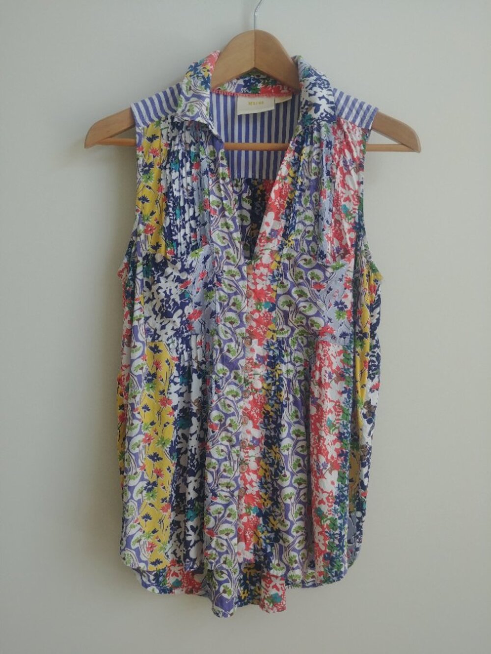 Maeve Anthropologie Small sleeveless patchwork look button front blouse top